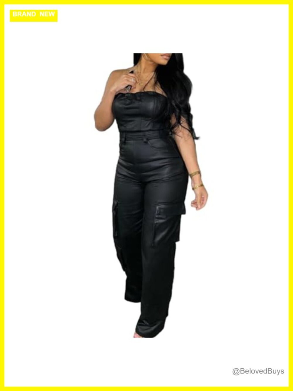 PU Leather Womens Jumpsuit Sexy Off Shoulder Tight Waist Cargo Pants Bodysuit